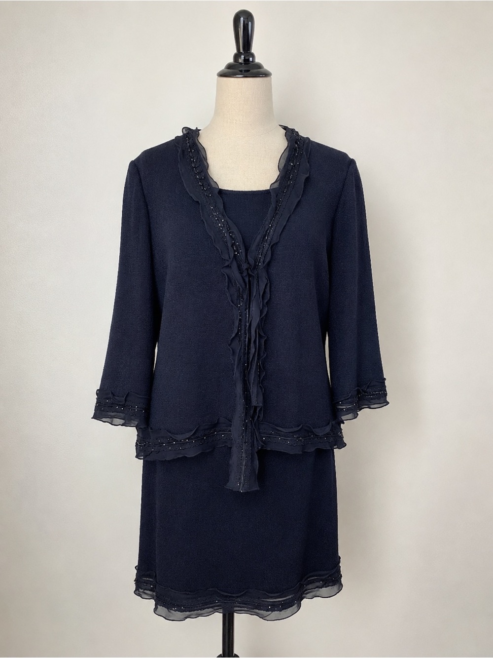 St. John Black Women's Ruffled Santana Knit Skirt Set Jacket Size 16